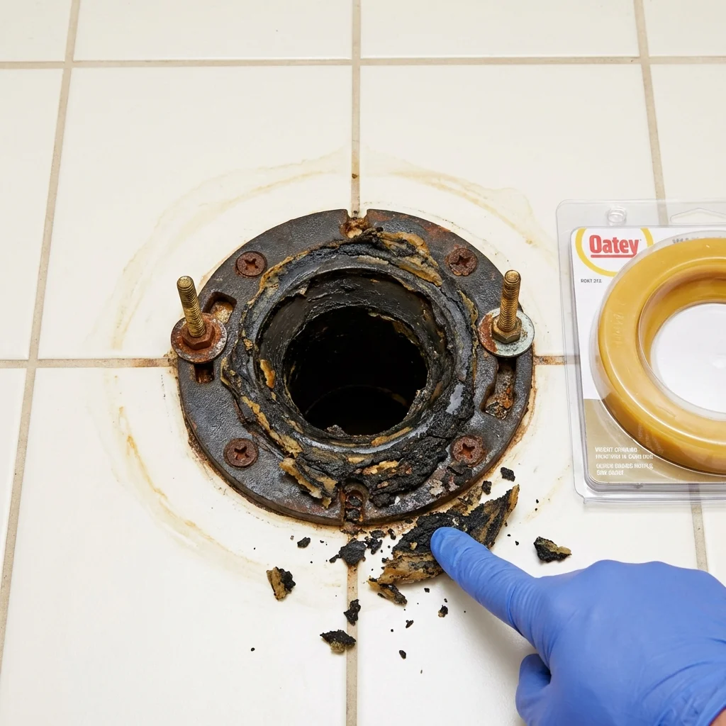 Failed wax ring showing water seepage at the base of a toilet in a Jonesville, MI home