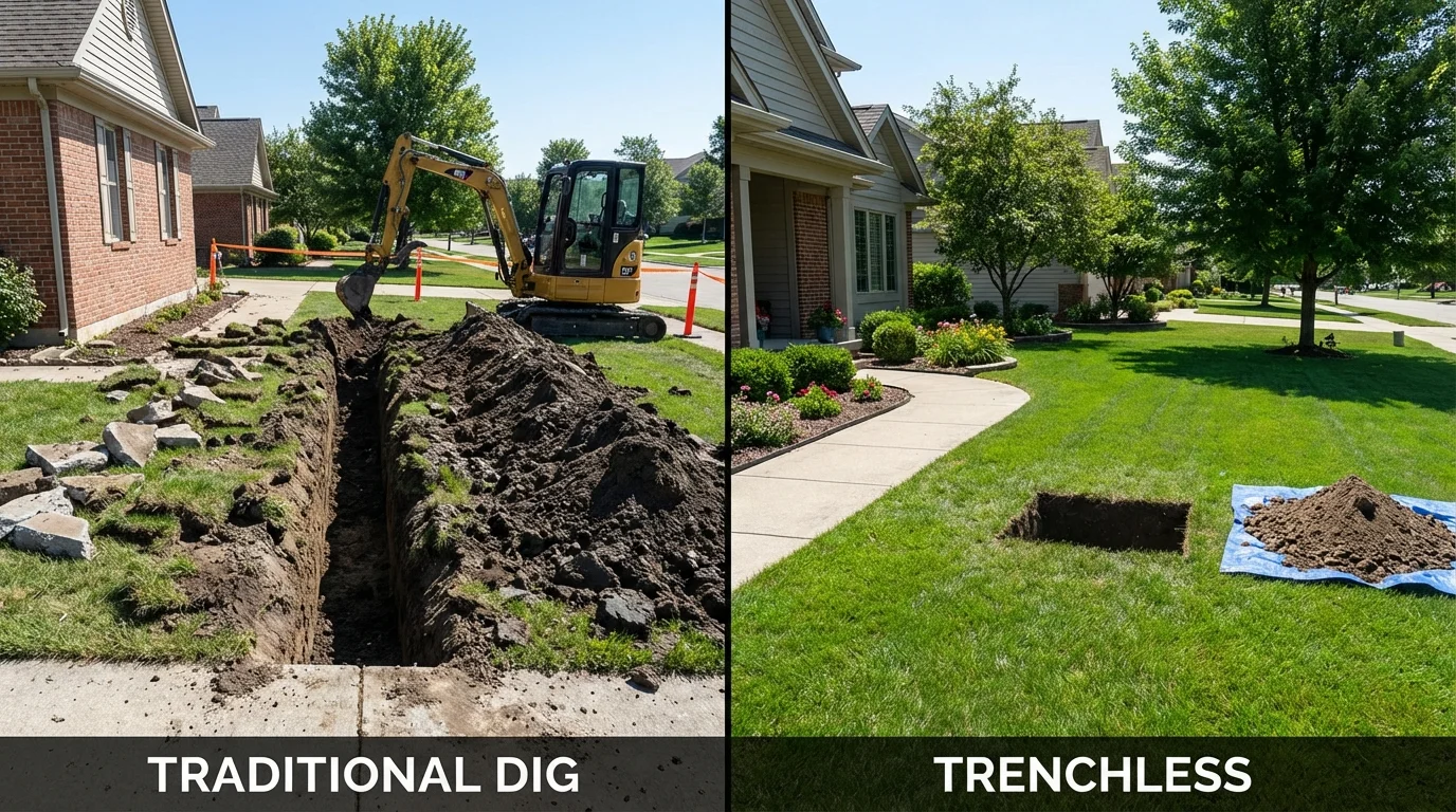 Trenchless sewer repair with minimal yard damage versus traditional excavation in Jonesville, MI