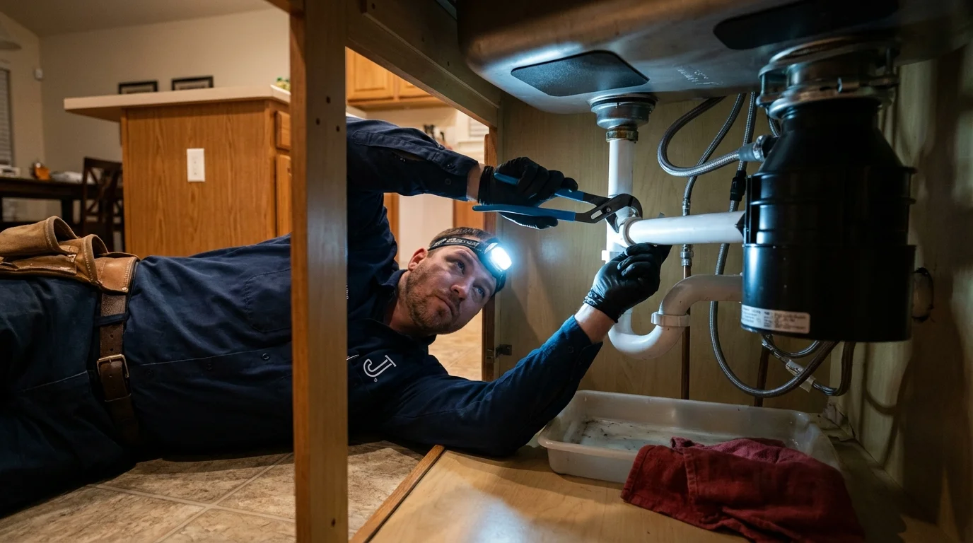 P-trap and supply line connections under a kitchen sink showing a common leak point in Jonesville, MI